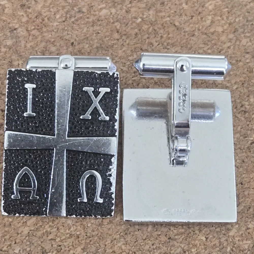 Rare Vintage Creed Sterling Silver Alpha Omega Cross Religious Cufflinks Pat.